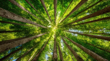 Aufkleber - Majestic tall green trees stretching upwards against a bright blue sky, creating a stunning canopy of vibrant greenery and sunlight.