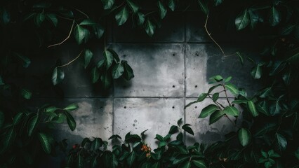 Aufkleber - Cement wall in dark gray tones framed by lush green leaves creating a moody atmosphere with soft shadows and highlights from natural light