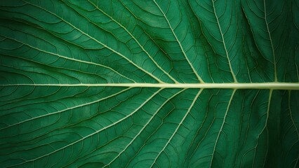 Fototapete - Close-up view of a vibrant green leaf showcasing intricate textures and veins with a smooth central stem highlighted in a natural light backdrop