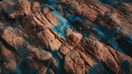 Aufkleber - Textured backdrop with rugged uneven brown and blue rocky surface showcasing intricate patterns and natural formations from a top-down view