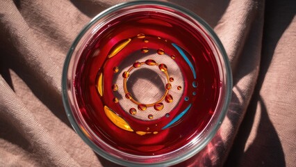 Aufkleber - Colorful liquid ripple effects in a glass on a light brown fabric background with shades of red, orange, and blue creating an abstract pattern.