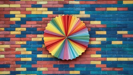 Poster - Colorful brick wall texture featuring vibrant red, blue, and yellow bricks with a central circular rainbow fan design in bright hues.