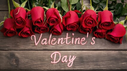Aufkleber - Vibrant red roses on a rustic wooden surface with green leaves framing the text Valentine's Day in soft pink text at the center of the image