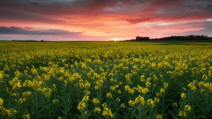Poster - Vibrant field of blooming yellow rapeseed flowers under a dramatic sunset sky with shades of orange and purple in the background.