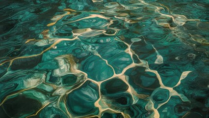 Aufkleber - Dynamic turquoise water background with ripples and golden patterns creating a mesmerizing abstract texture in a serene aquatic environment.