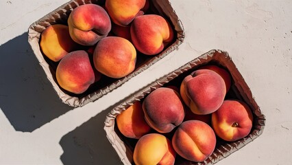 Poster - Two rustic paper containers filled with ripe peaches, vibrant orange and red hues, arranged diagonally on a soft light-colored surface.