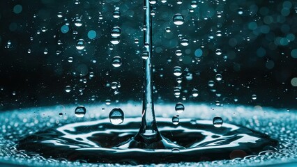 Fototapete - Suspended water droplets glistening in the air over a dark bokeh backdrop with soft turquoise and blue hues creating a dreamy atmosphere