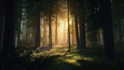 Aufkleber - Sunlight streaming through dense forest trees highlights lush green grass and rocky terrain, creating a serene and mystical atmosphere.