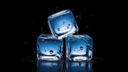 Poster - Three clear ice cubes stacked diagonally on a black background, glistening with water droplets, reflecting light in shades of blue and clear.