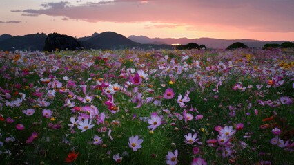 Poster - Vibrant cosmos flower field at sunset with pink and purple blooms scattered across lush green grass against a backdrop of distant mountains.