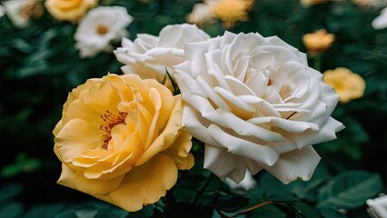 Aufkleber - Beautiful yellow and white roses in full bloom surrounded by lush green foliage with soft focus floral background highlighting elegance and nature.