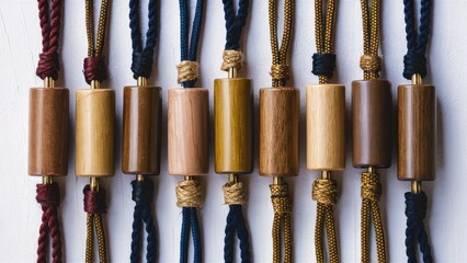 Leinwandbilder - Wood and rope necklaces in various wood tones arranged horizontally on a white background with contrasting colors of ropes and unique texture variations