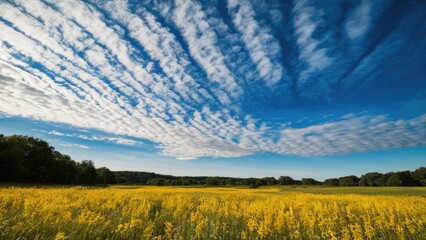 Poster - Vibrant yellow flower field under a bright blue sky with textured clouds scattered across, lush green trees lining the horizon in soft focus