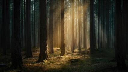 Fototapete - Sunlight streaming through dense pine trees in a misty forest, illuminating golden grass patches and creating a serene, tranquil atmosphere.