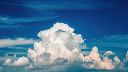 Poster - Vibrant blue sky with large fluffy white clouds creating a serene summer landscape ample negative space for text placement