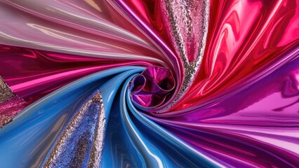 Fototapete - Vibrant swirl of glossy fabrics in shades of pink, purple, and blue with glitter accents creating a dynamic, colorful pattern.