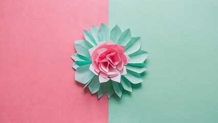 Fototapete - Two-tone pastel background with shades of pink on the left and mint green on the right, featuring a layered paper flower in the center.