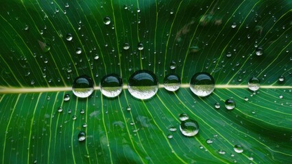 Poster - Water droplets on a green leaf create a stunning close-up view with glistening details and varying sizes, set against a vibrant background.