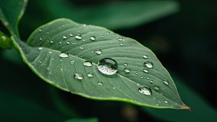 Poster - Close-up of green leaf with transparent water droplets glistening on its surface against a dark blurred background, showcasing nature's beauty.