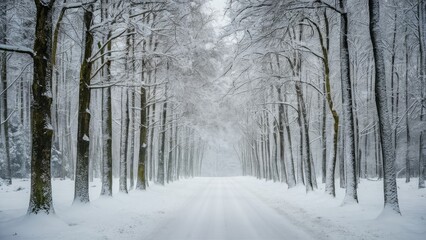 Aufkleber - Winter forest pathway lined with tall snow-covered trees in shades of white and gray creating a serene atmosphere on a foggy day.
