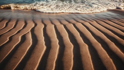 Poster - Wavy sandy beach texture with gentle waves lapping at the shoreline creating soft shadows in warm beige tones under natural sunlight
