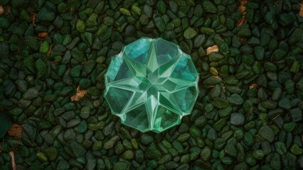 Aufkleber - Stunning emerald green quartz with sharp facets placed atop textured dark green pebbles showcasing natural beauty and elegance in a serene setting