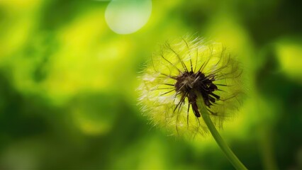 Poster - Dandelion seed head against a vibrant green bokeh backdrop with blurred light spots creating a dreamy, ethereal atmosphere in the background.