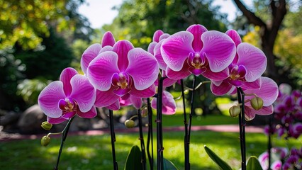 Aufkleber - Vivid pink and white vanda orchids in full bloom positioned in foreground against a lush green park garden backdrop under soft sunlight
