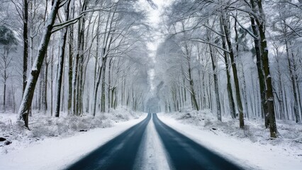 Aufkleber - Serene winter road flanked by snow-covered trees on either side with a soft grey sky creating a tranquil atmosphere in a snowy forest setting