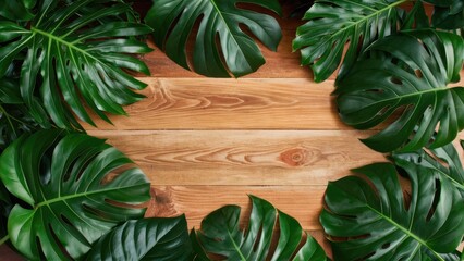 Poster - Lush green Monstera leaves framing a warm wooden background creating a natural tropical aesthetic with rich textures and vibrant colors.
