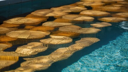 Poster - Textured golden patterns floating on a serene blue water surface in a pool, with layered circular shapes creating a harmonious composition.