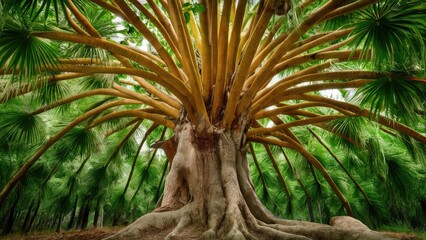 Fototapete - Majestic tropical tree with vibrant yellow branches and lush green palm leaves surrounding a strong textured trunk in a serene natural setting.