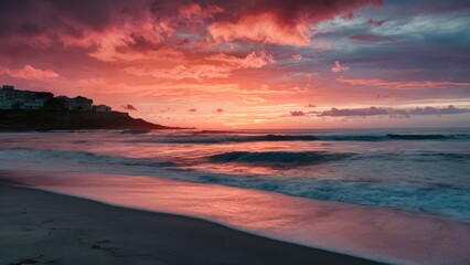 Poster - Vibrant sunset display with warm pink and orange tones reflecting on tranquil beach waves under a partly cloudy sky at dusk