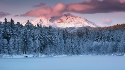 Aufkleber - Serene winter landscape with snow-covered mountains and frosted pine trees under pastel pink clouds reflecting on a frozen lake in the foreground
