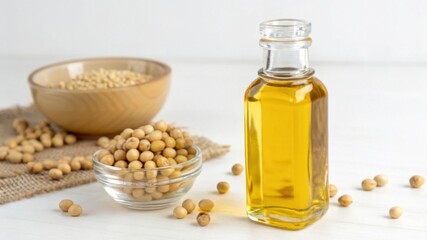 A glass bottle of golden oil beside bowls of soybeans and seeds, emphasizing healthy cooking and natural ingredients.