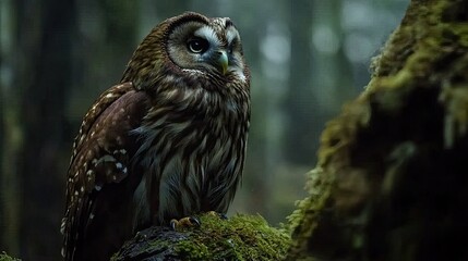 Wall Mural - a stunning portrait of a brown owl perched on a mossy branch in a dark forest