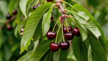 Poster - Dark red cherries clustered on a green leafy branch, showcasing ripe fruit against vibrant foliage under soft natural light.