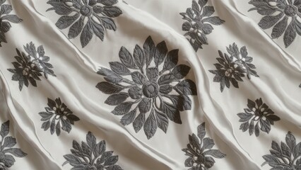 Poster - Elegant white silk fabric with a gray floral jacquard weave, featuring detailed, textured motifs arranged in a captivating pattern on a smooth background.