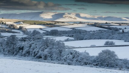Aufkleber - Serene winter landscape showcasing rolling hills covered in fresh snow with frosted trees in the foreground under a dramatic sky.