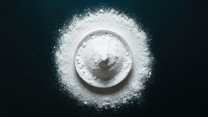 Poster - White powder arranged in a circular mound on a dark background with contrasting textures and shadows highlighting the fine grains and depth.