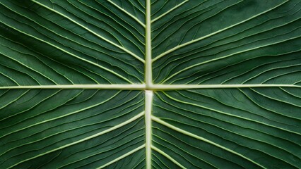 Fototapete - Close-up of a detailed green leaf showcasing intricate textures and prominent veins radiating from the center on a vibrant natural background