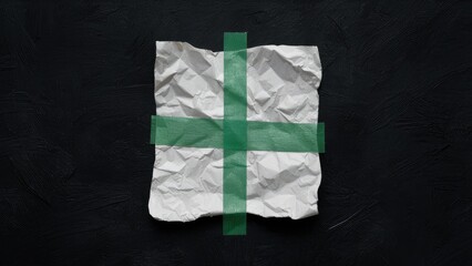 Fototapete - Crumpled white paper scrap with a green tape cross positioned centrally on a dark textured background viewed from above showcasing contrast in textures.