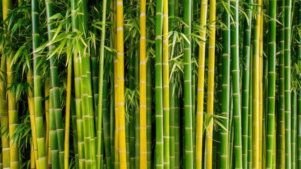 Poster - Lush green bamboo forest featuring vibrant tall stalks in shades of green and yellow with intricate greenery creating a serene natural backdrop.