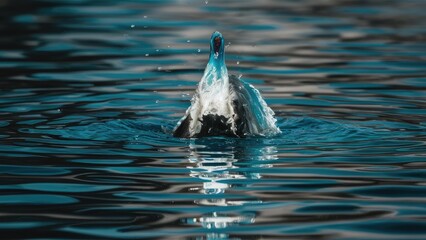 Poster - Glare reflection on calm water surface with splashes in shades of blue and dark hues centered in the image creating a serene aquatic atmosphere