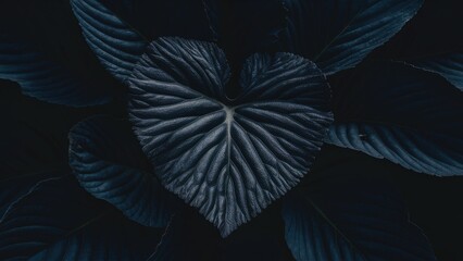 Fototapete - Close-up of dark green heart-shaped leaves with intricate ribbed textures on a black background creating a serene and elegant botanical scene.