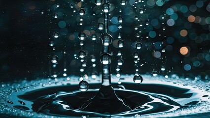 Fototapete - Water droplets suspended in air creating a dynamic splash against a dark bokeh backdrop with blue and silver tones emphasizing depth and motion.