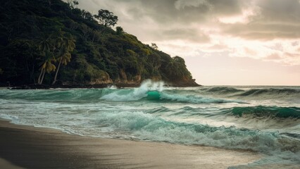 Poster - Coastal scene with crashing turquoise waves on sandy shore against lush green hills under cloudy sky, creating a serene tropical atmosphere.