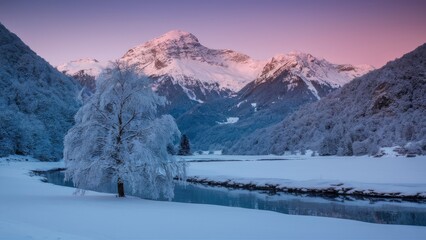 Aufkleber - Serene winter morning in snowy alpine landscape with majestic mountains and frost-covered tree reflected in calm river under soft pastel skies