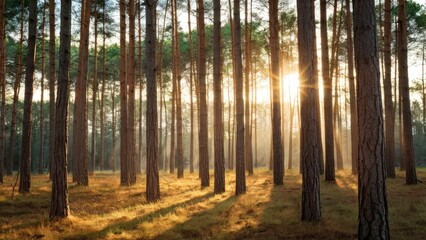 Aufkleber - Sunlight beams through tall pine trees casting soft shadows on golden forest floor creating a peaceful and serene woodland scene.