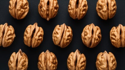 Poster - Overhead view of whole walnuts arranged in a grid pattern on a dark background with ample space for text or branding insertions